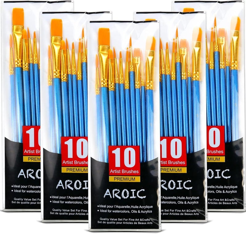 AROIC Acrylic Paint Brush Set, 5 Packs / 50 pcs Nylon Hair Brushes for All Purpose Oil Watercolor Painting Artist Professional Kits - Image 1